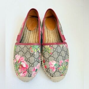 Gucci Pink Bloom Floral Print Logo Monogram Canvas Espadrilles Flats EU 38